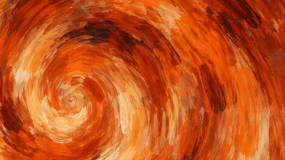 Abstract oil painting dominated by warm burnt orange tones, featuring thick, textured brushstrokes applied with intention in a very loose spiral pattern, blending softly with cream and earthy hues for a rich, dynamic, and tactile composition.