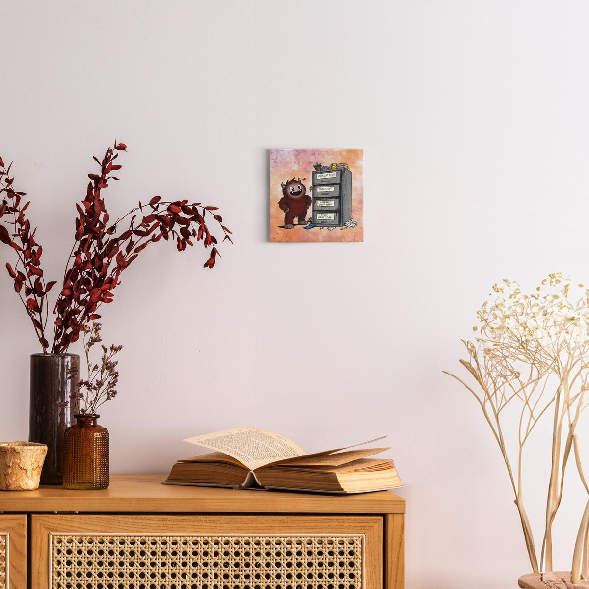 Canvas wrap featuring a smiling cartoon creature proudly standing beside an overflowing filing cabinet with drawers labeled "Important Stuff," "Other Stuff," "Important Other Stuff," and "Stuff About Stuff."