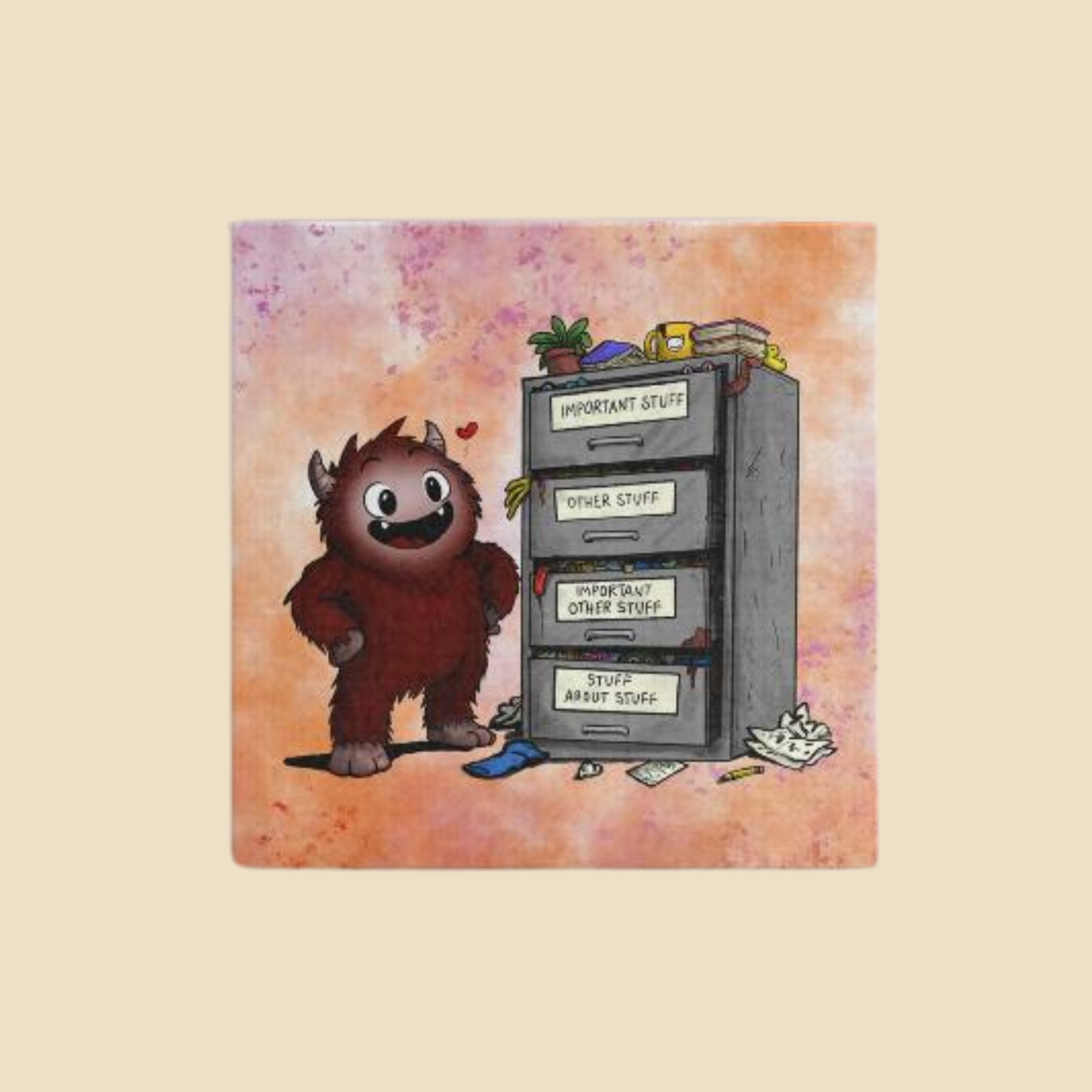 Canvas wrap featuring a smiling cartoon creature proudly standing beside an overflowing filing cabinet with drawers labeled "Important Stuff," "Other Stuff," "Important Other Stuff," and "Stuff About Stuff."
