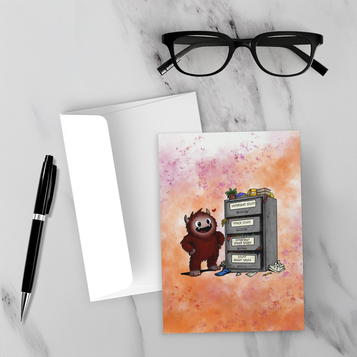 Greeting card featuring a smiling cartoon creature proudly standing beside an overflowing filing cabinet with drawers labeled "Important Stuff," "Other Stuff," "Important Other Stuff," and "Stuff About Stuff."