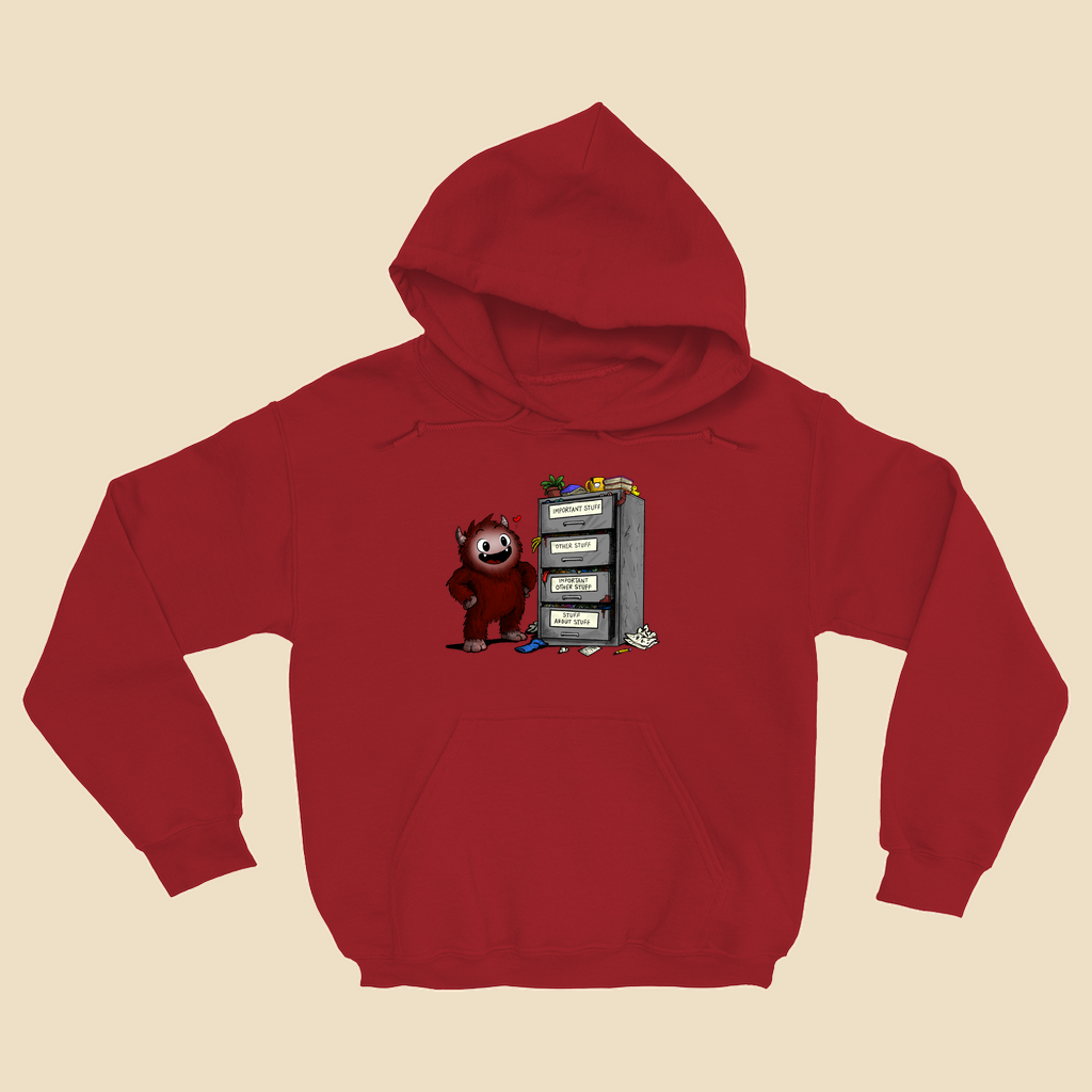 Hoodie featuring a smiling cartoon creature proudly standing beside an overflowing filing cabinet with drawers labeled "Important Stuff," "Other Stuff," "Important Other Stuff," and "Stuff About Stuff."