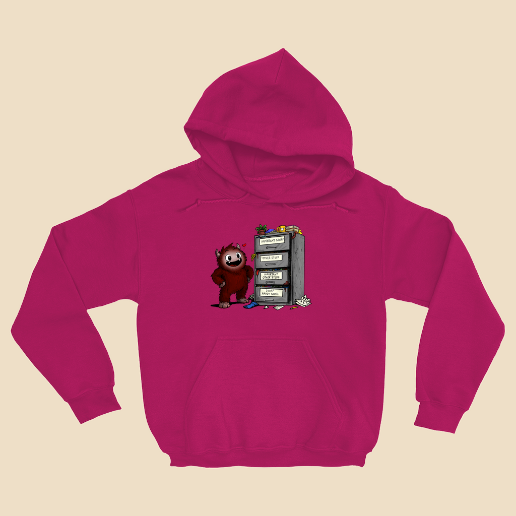 Hoodie featuring a smiling cartoon creature proudly standing beside an overflowing filing cabinet with drawers labeled "Important Stuff," "Other Stuff," "Important Other Stuff," and "Stuff About Stuff."