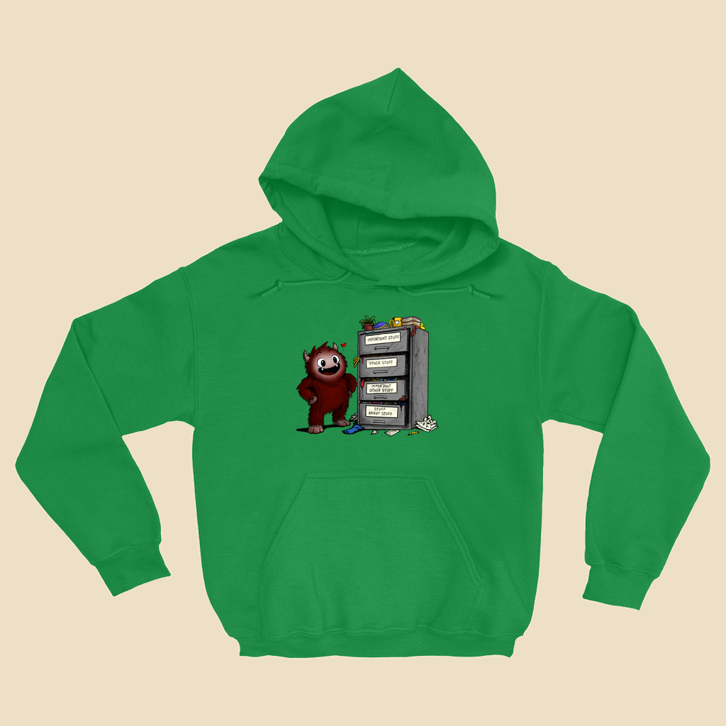 Hoodie featuring a smiling cartoon creature proudly standing beside an overflowing filing cabinet with drawers labeled "Important Stuff," "Other Stuff," "Important Other Stuff," and "Stuff About Stuff."
