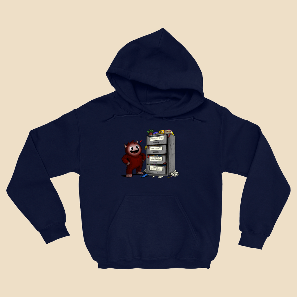 Hoodie featuring a smiling cartoon creature proudly standing beside an overflowing filing cabinet with drawers labeled "Important Stuff," "Other Stuff," "Important Other Stuff," and "Stuff About Stuff."