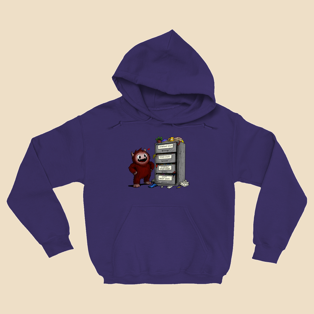 Hoodie featuring a smiling cartoon creature proudly standing beside an overflowing filing cabinet with drawers labeled "Important Stuff," "Other Stuff," "Important Other Stuff," and "Stuff About Stuff."