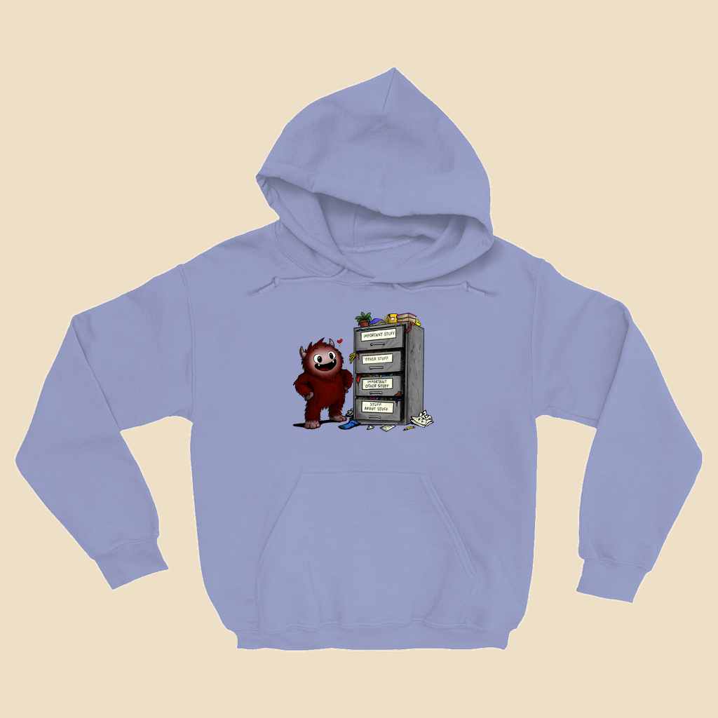 Hoodie featuring a smiling cartoon creature proudly standing beside an overflowing filing cabinet with drawers labeled "Important Stuff," "Other Stuff," "Important Other Stuff," and "Stuff About Stuff."