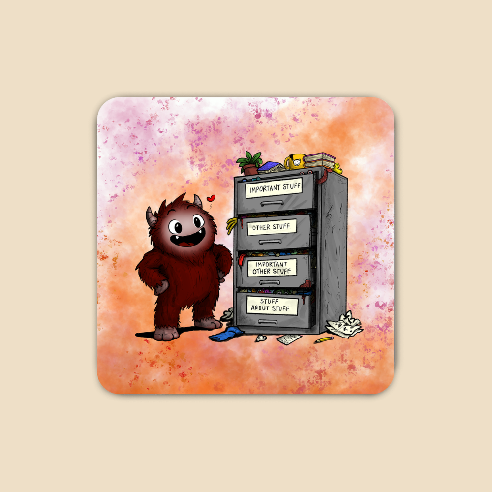 Magnet featuring a red furry monster standing proudly beside a filing cabinet with drawers labeled “Important Stuff,” “Other Stuff,” “Important Other Stuff,” and “Stuff About Stuff.”