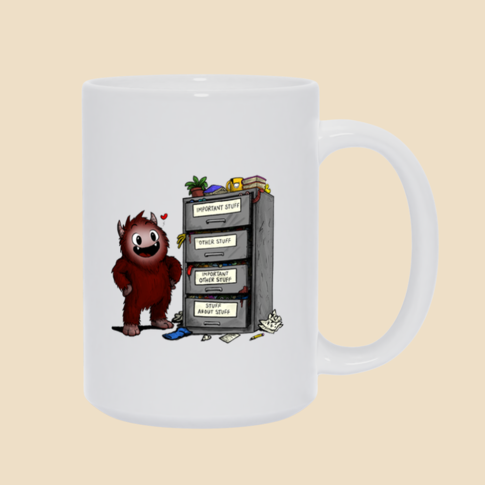 Mug featuring a smiling cartoon creature proudly standing beside an overflowing filing cabinet with drawers labeled "Important Stuff," "Other Stuff," "Important Other Stuff," and "Stuff About Stuff."