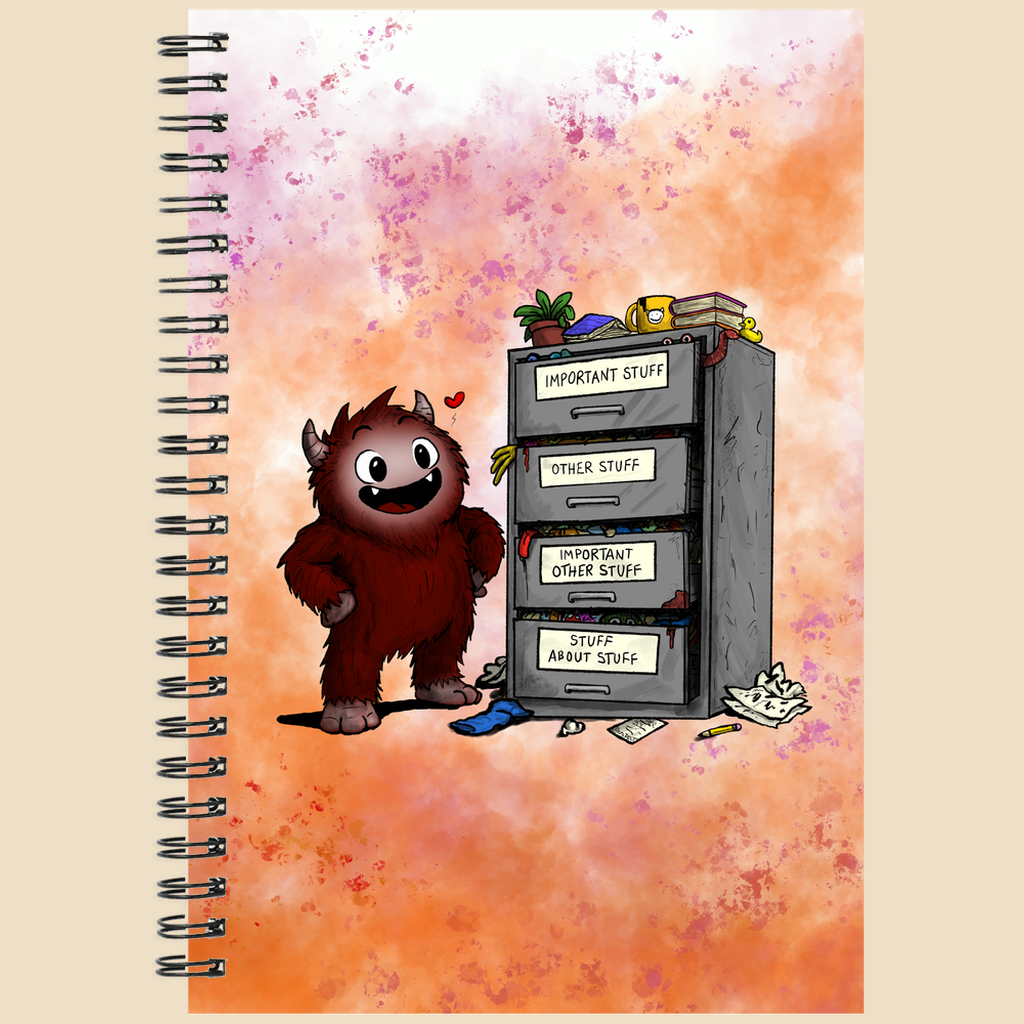 Spiral notebook featuring a smiling cartoon creature proudly standing beside an overflowing filing cabinet with drawers labeled "Important Stuff," "Other Stuff," "Important Other Stuff," and "Stuff About Stuff."