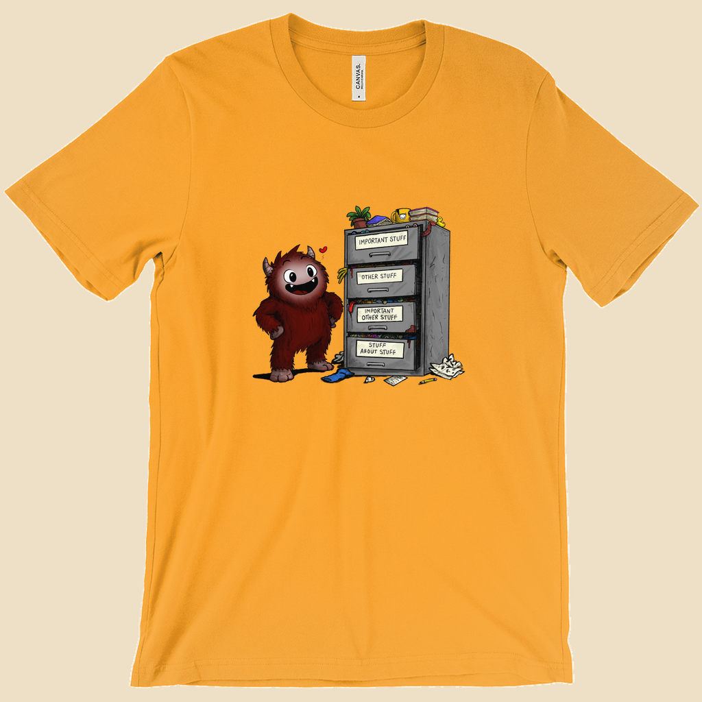 T-shirt featuring a smiling cartoon creature proudly standing beside an overflowing filing cabinet with drawers labeled "Important Stuff," "Other Stuff," "Important Other Stuff," and "Stuff About Stuff."