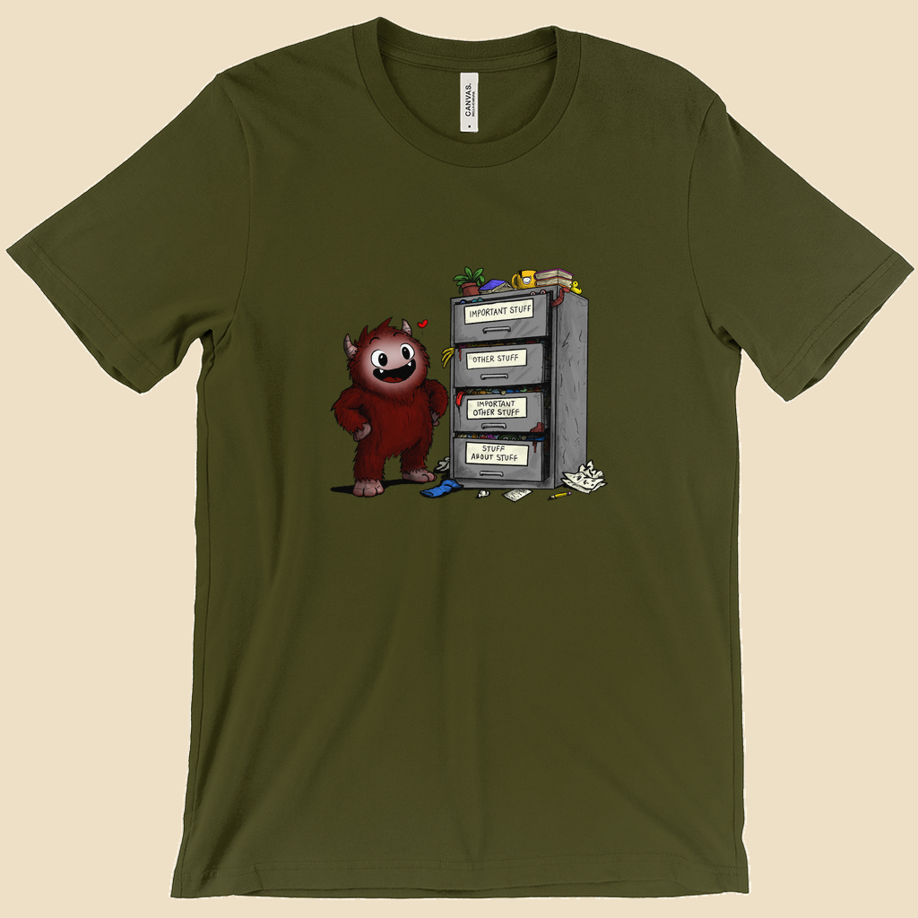T-shirt featuring a smiling cartoon creature proudly standing beside an overflowing filing cabinet with drawers labeled "Important Stuff," "Other Stuff," "Important Other Stuff," and "Stuff About Stuff."