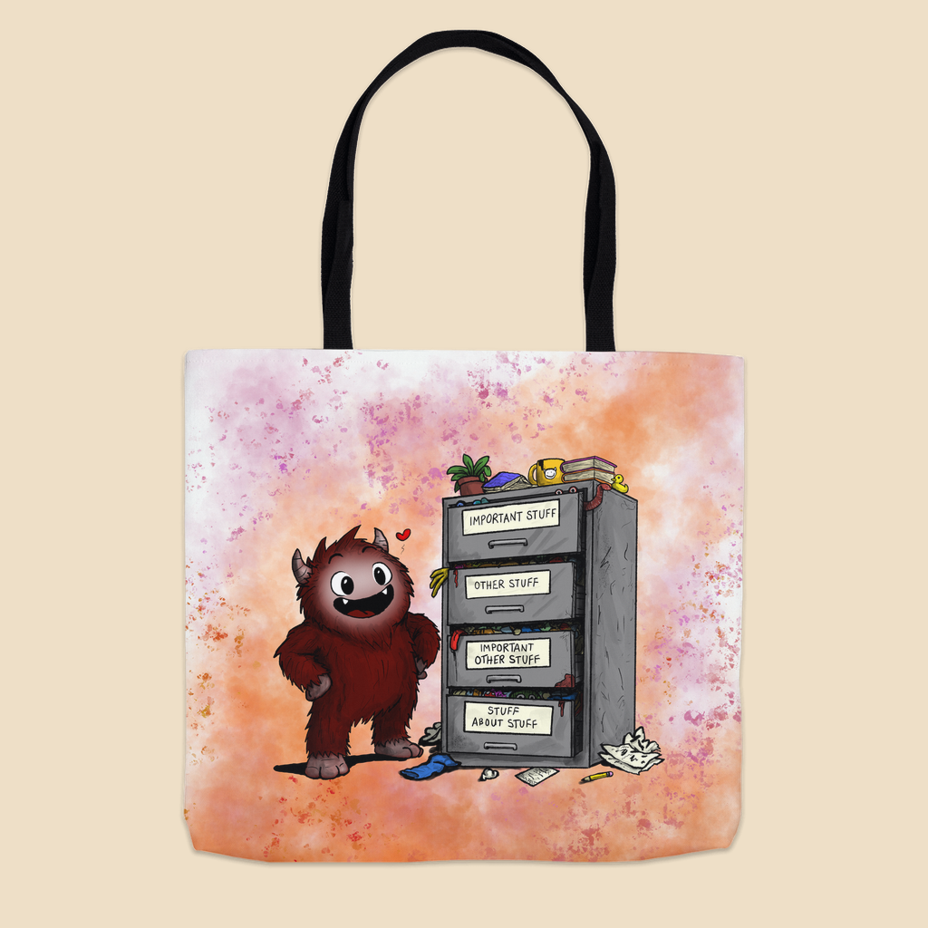 Tote bag featuring a smiling cartoon creature proudly standing beside an overflowing filing cabinet with drawers labeled "Important Stuff," "Other Stuff," "Important Other Stuff," and "Stuff About Stuff."