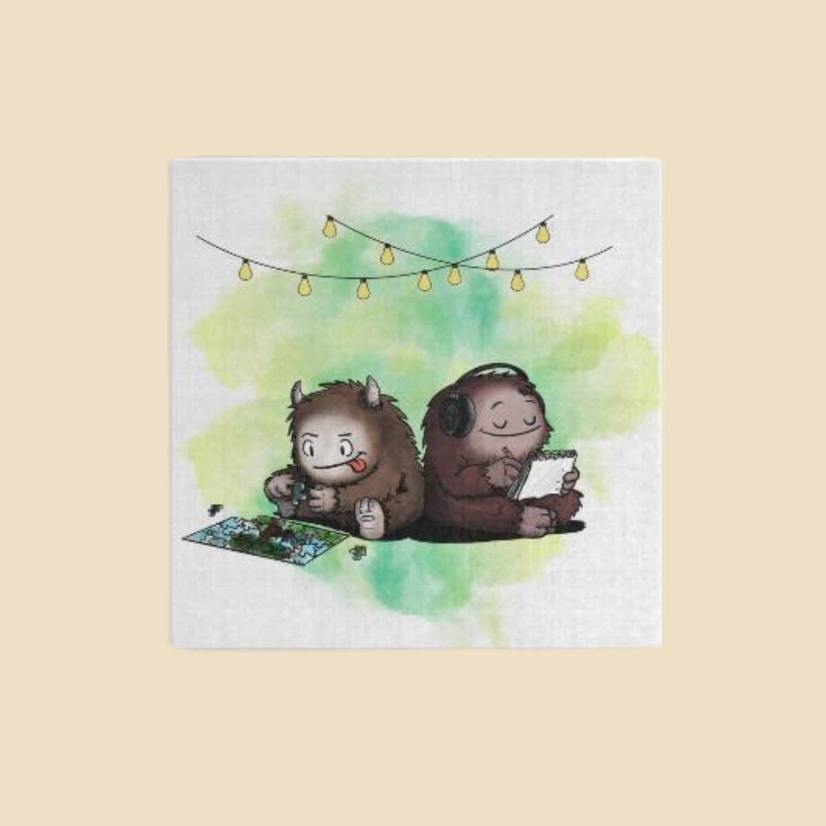 Canvas wrap featuring two cartoon creatures sitting back to back beneath string lights, one working on a puzzle and the other writing in a notebook, with a warm watercolor background.