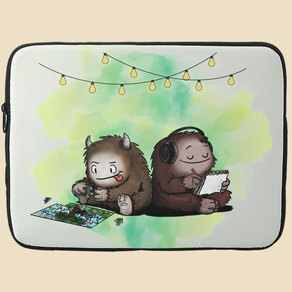 Laptop sleeve featuring two cartoon creatures sitting back to back beneath string lights, one completing a puzzle and the other writing in a notebook, with a warm watercolor background.