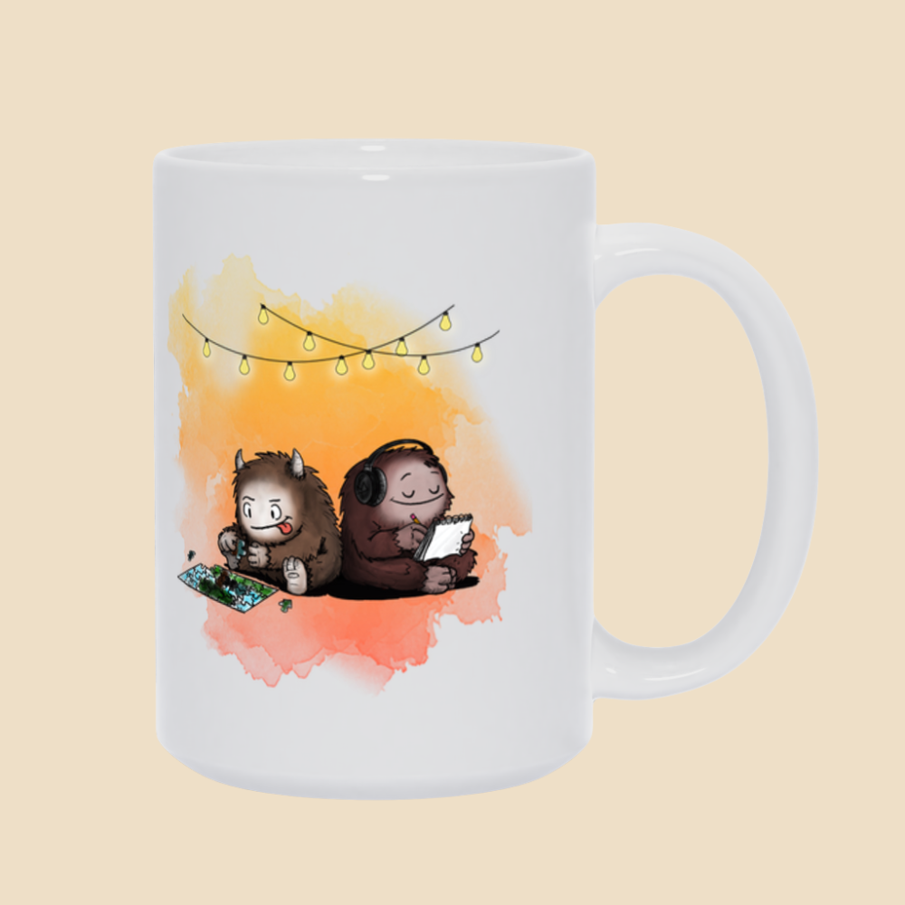 Mug featuring two cartoon creatures sitting back to back beneath string lights, one working on a puzzle and the other writing in a notebook.