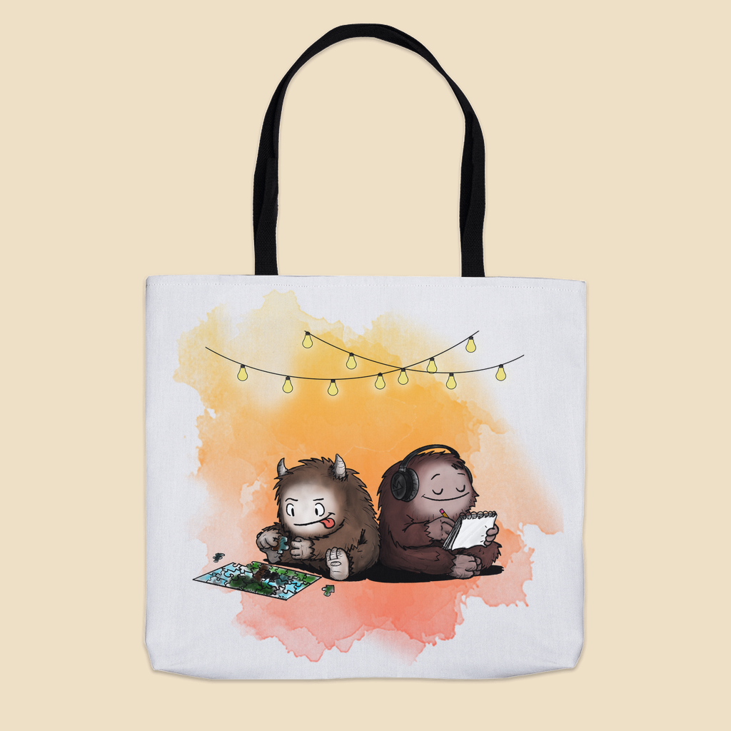Lavender tote bag featuring two cartoon creatures sitting back to back beneath string lights, one working on a puzzle and the other writing in a notebook.
