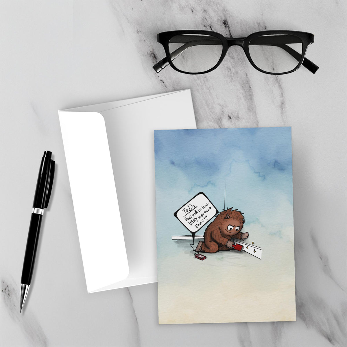 Greeting card featuring a brown furry monster sitting on the floor cleaning a baseboard while a phone reminds him to respond to an important email.