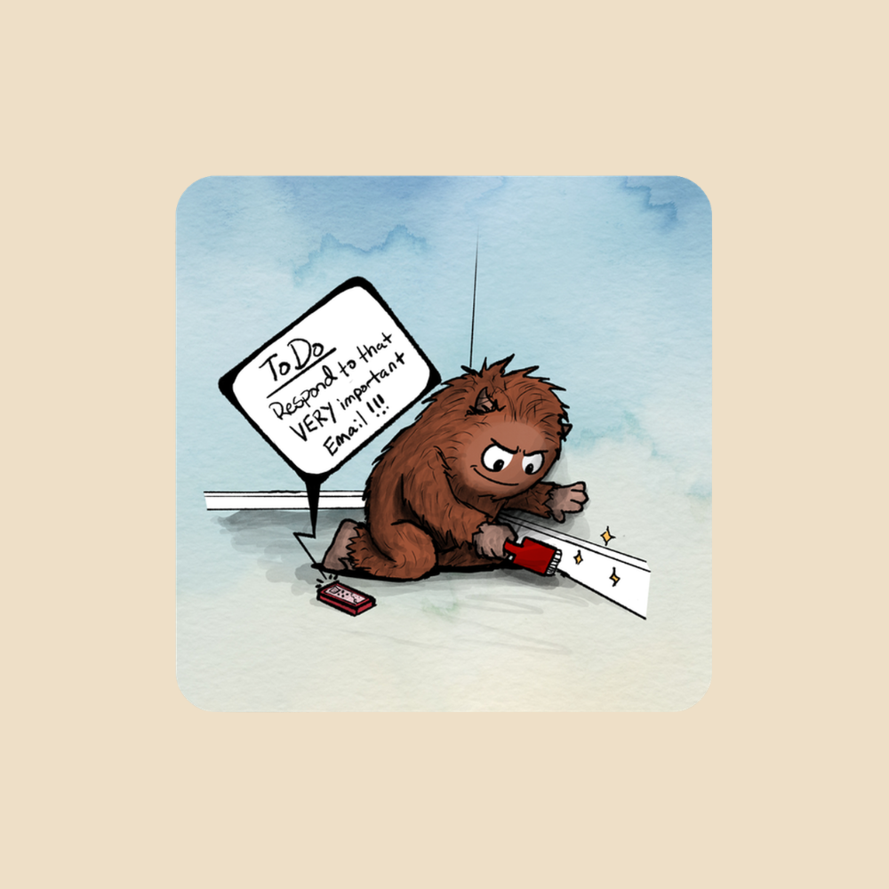 Brown furry monster sitting on the floor cleaning a baseboard while a phone reminds him to respond to an important email.