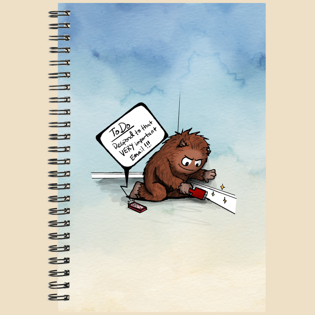 Notebook featuring a brown furry monster sitting on the floor cleaning a baseboard while a phone reminds him to respond to an important email.
