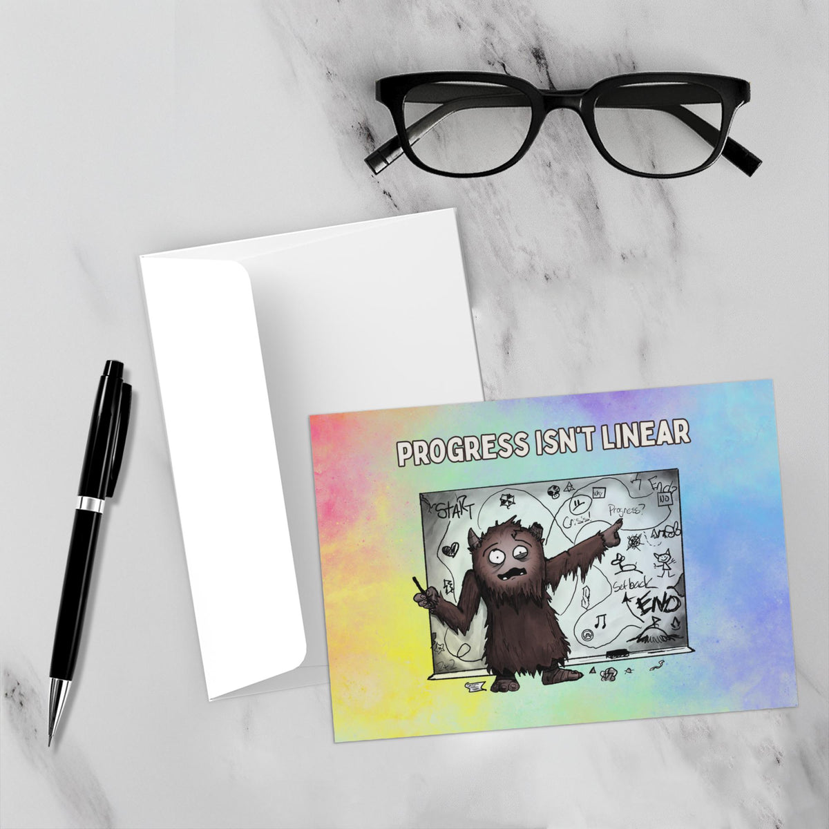 Progress Isn’t Linear greeting card featuring a furry brown monster pointing at a messy, winding progress chart filled with twists, turns, setbacks, and doodles.