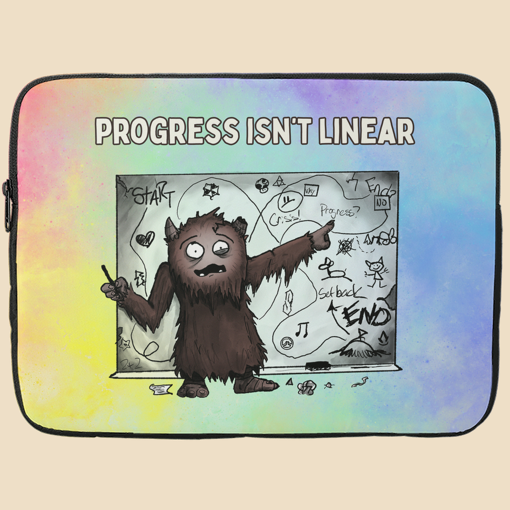 Progress Isn’t Linear design featuring a furry brown monster pointing at a messy, winding progress chart filled with twists, turns, setbacks, and doodles.