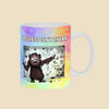 Progress Isn’t Linear mug featuring a furry brown monster pointing at a messy, winding progress chart filled with twists, turns, setbacks, and doodles.