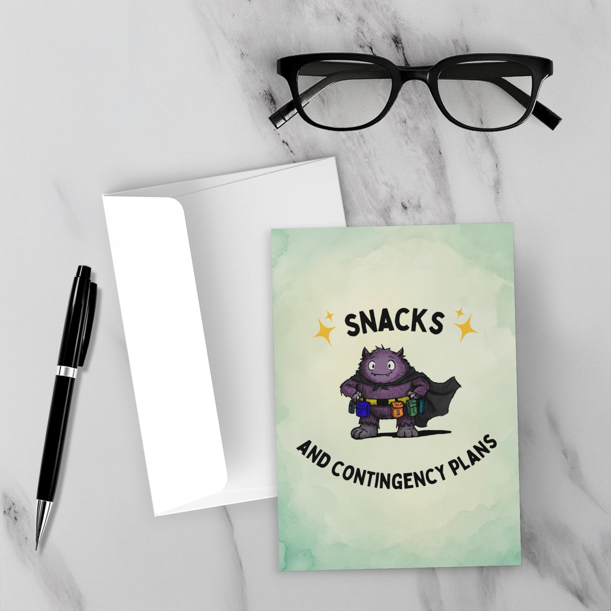 Snacks and Contingency Plans anxiety humor greeting card featuring a purple monster wearing a utility belt packed with colorful snacks and supplies.
