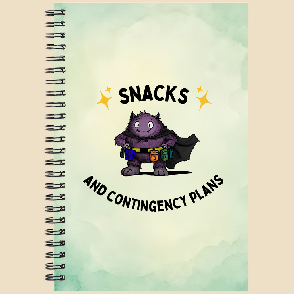 Snacks and Contingency Plans anxiety humor notebook featuring a purple monster wearing a utility belt packed with colorful snacks and supplies.