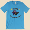Snacks and Contingency Plans anxiety humor T-shirt featuring a purple monster wearing a utility belt packed with colorful snacks and supplies.