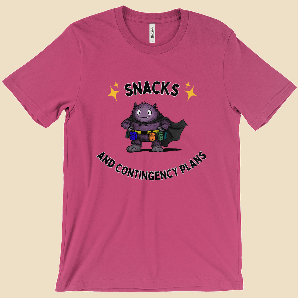 Snacks and Contingency Plans anxiety humor T-shirt featuring a purple monster wearing a utility belt packed with colorful snacks and supplies.