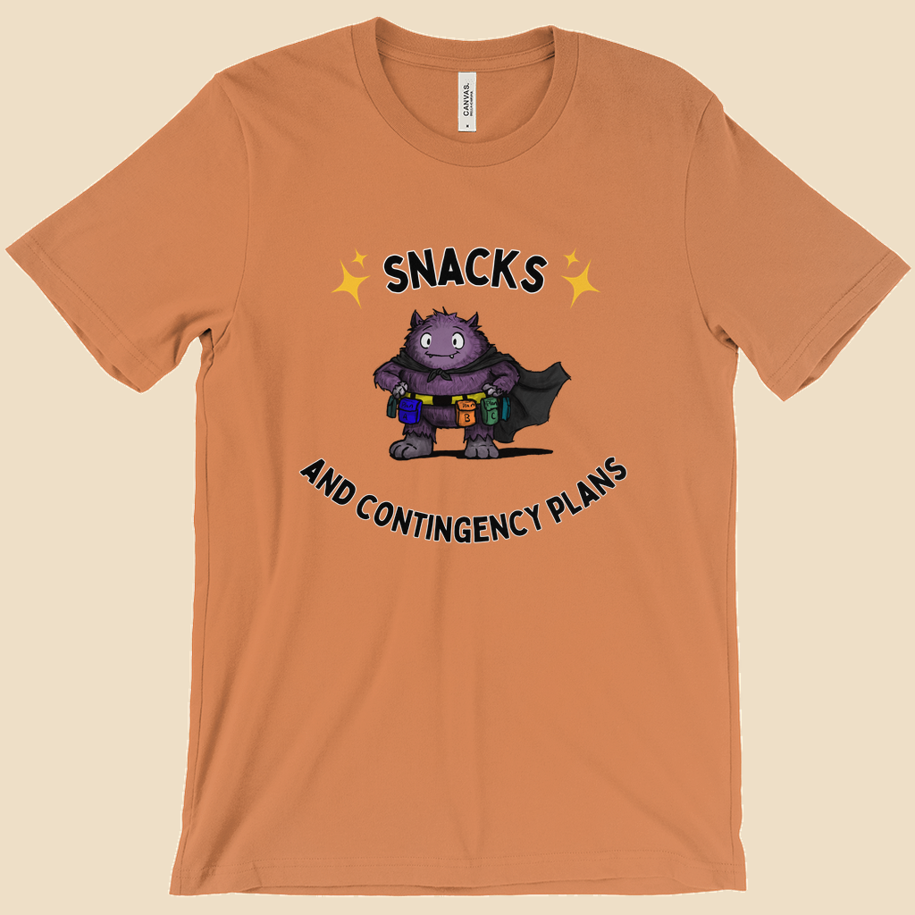 Snacks and Contingency Plans anxiety humor T-shirt featuring a purple monster wearing a utility belt packed with colorful snacks and supplies.
