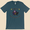 Snacks and Contingency Plans anxiety humor T-shirt featuring a purple monster wearing a utility belt packed with colorful snacks and supplies.