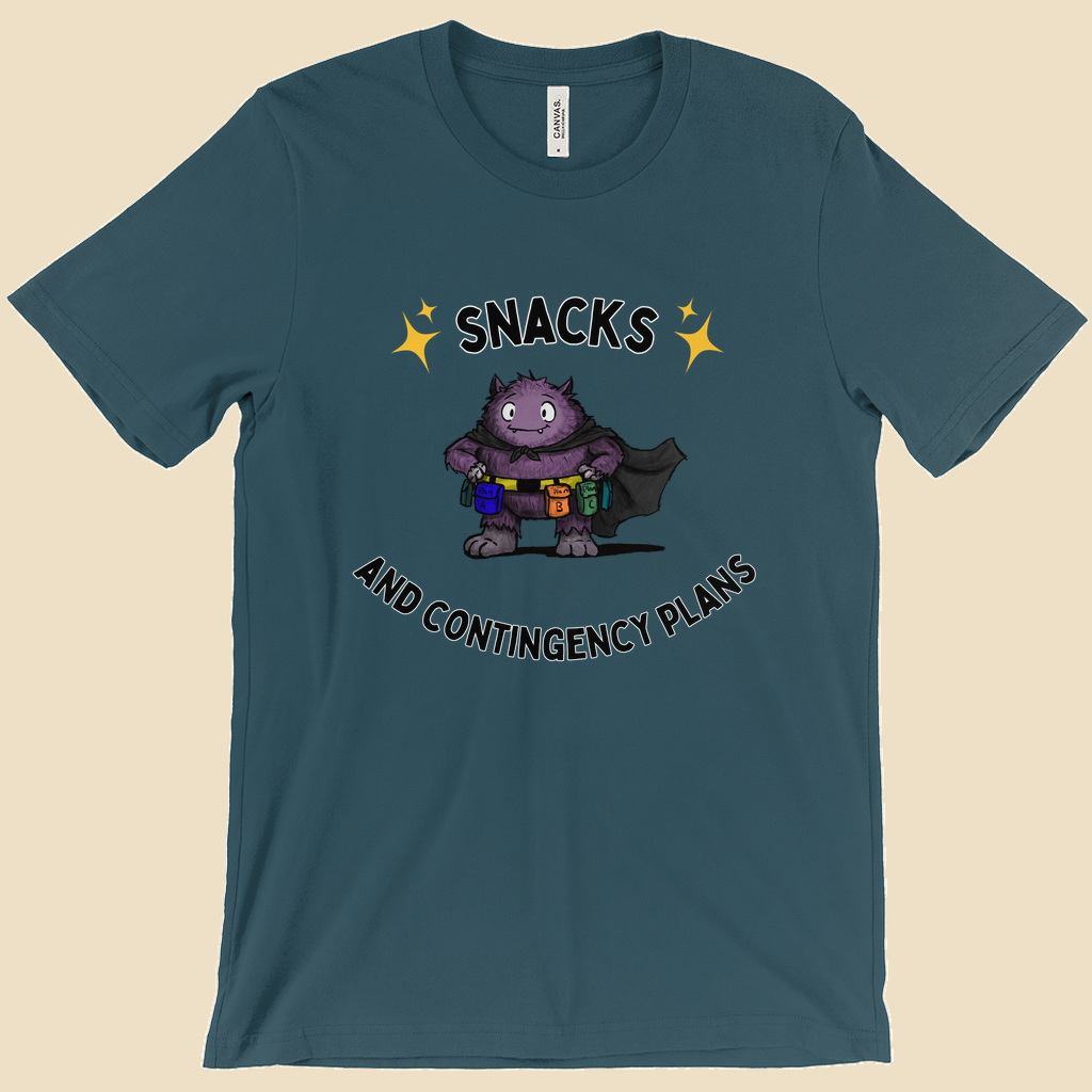 Snacks and Contingency Plans anxiety humor T-shirt featuring a purple monster wearing a utility belt packed with colorful snacks and supplies.