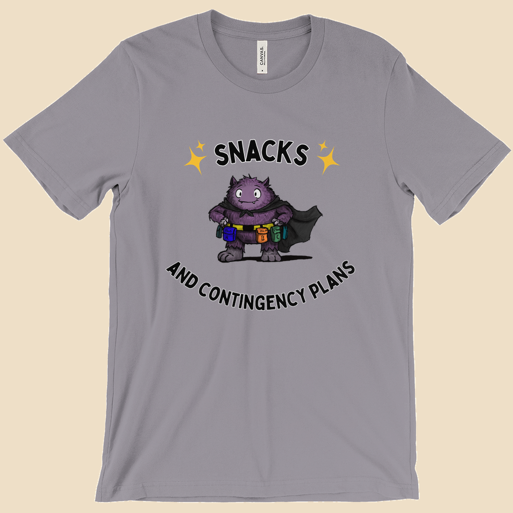 Snacks and Contingency Plans anxiety humor T-shirt featuring a purple monster wearing a utility belt packed with colorful snacks and supplies.