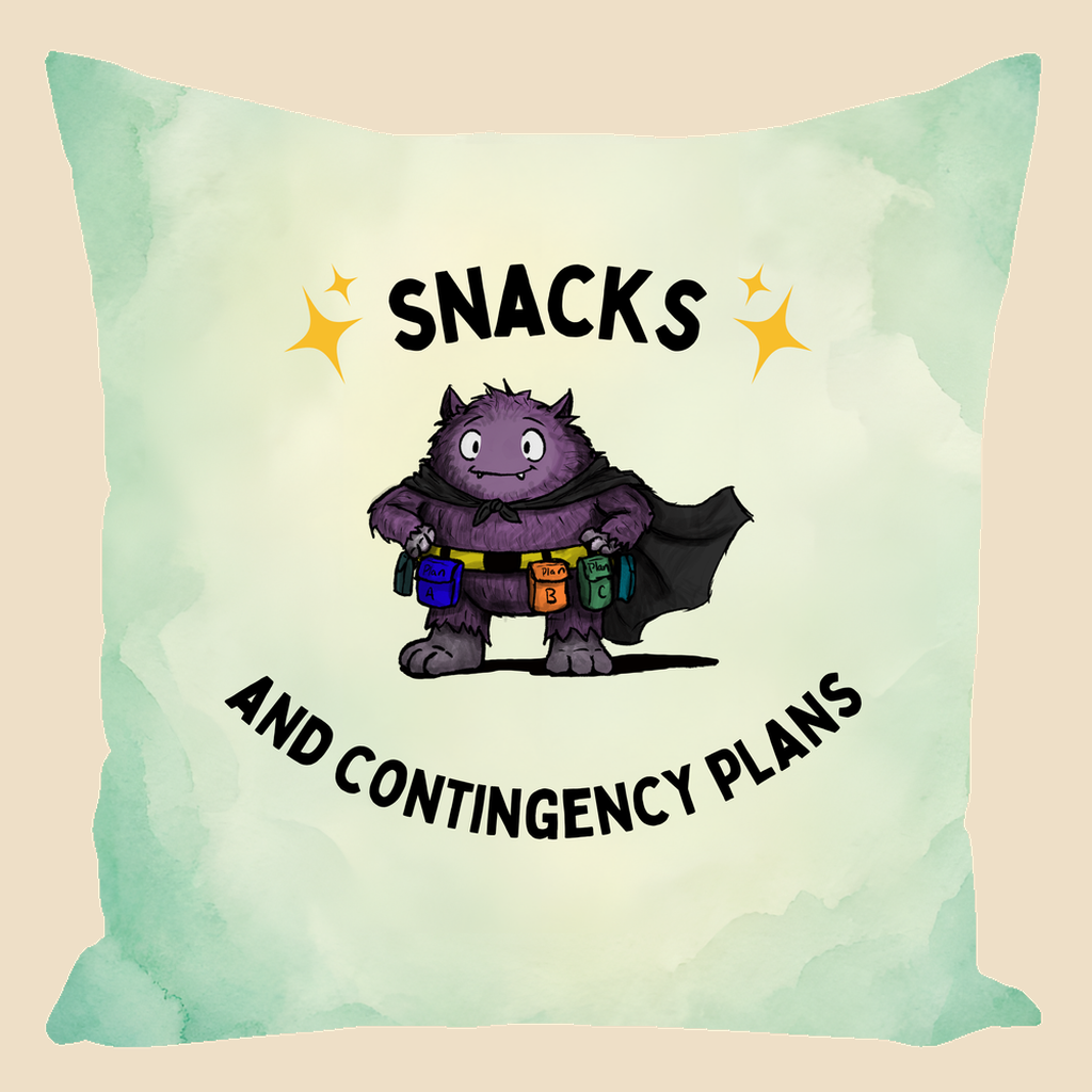 Snacks and Contingency Plans anxiety humor throw pillow featuring a purple monster wearing a utility belt packed with snacks and supplies, with a black umbrella and watercolor background.
