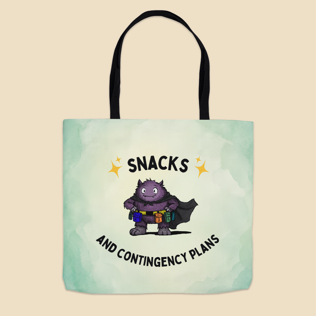 Snacks and Contingency Plans anxiety humor tote bag featuring a purple monster wearing a utility belt packed with colorful snacks and supplies.