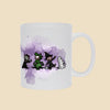Mug featuring a group of furry monsters dressed in Halloween costumes, including a witch, Frankenstein’s monster, a devil, and a ghost.