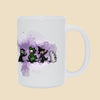 Mug featuring a group of furry monsters dressed in Halloween costumes, including a witch, Frankenstein’s monster, a devil, and a ghost.