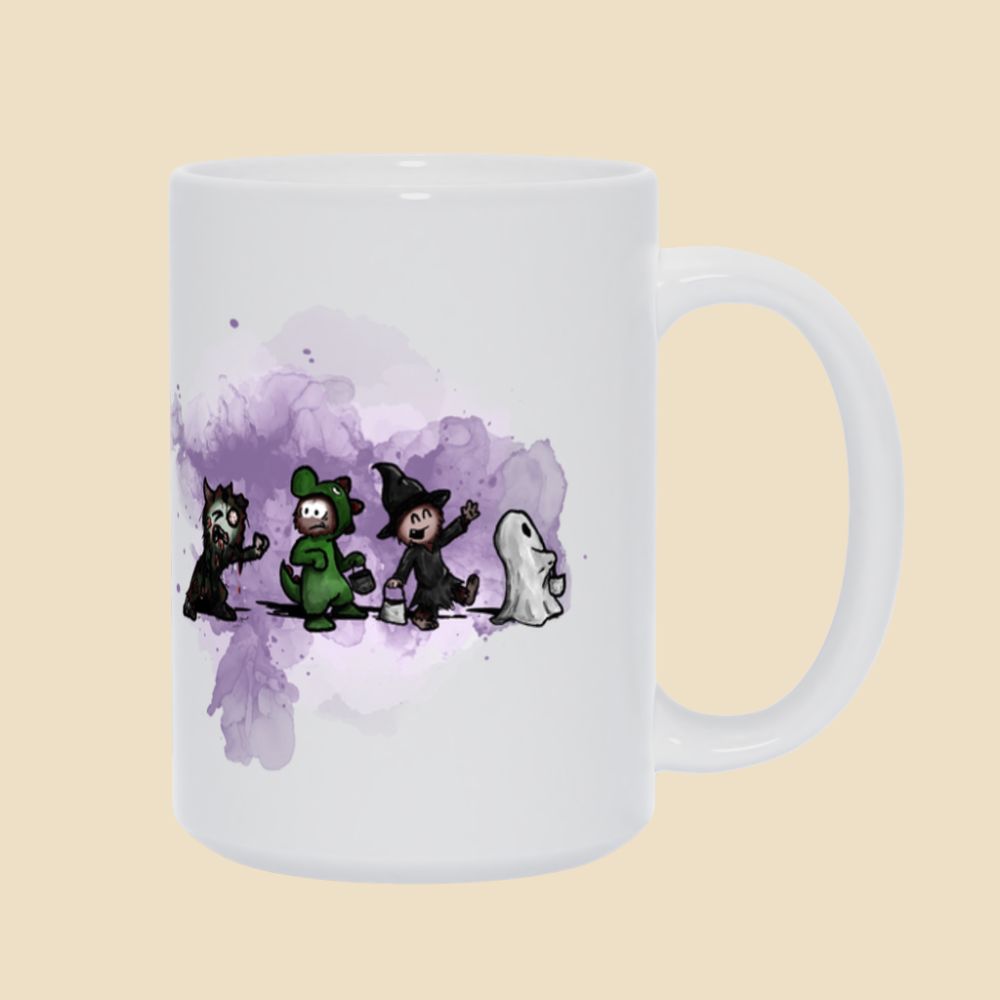 Mug featuring a group of furry monsters dressed in Halloween costumes, including a witch, Frankenstein’s monster, a devil, and a ghost.