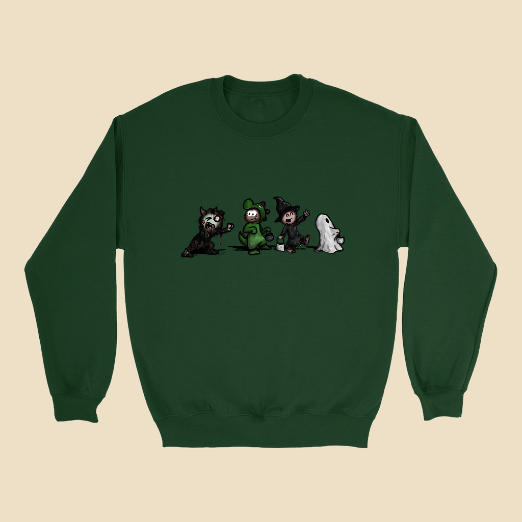 Sweatshirt featuring the Strange Company Halloween design with four hand-drawn costumed characters, including a monster, dinosaur, witch, and ghost.