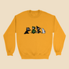 Sweatshirt featuring the Strange Company Halloween design with four hand-drawn costumed characters, including a monster, dinosaur, witch, and ghost.