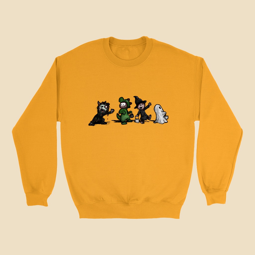 Sweatshirt featuring the Strange Company Halloween design with four hand-drawn costumed characters, including a monster, dinosaur, witch, and ghost.