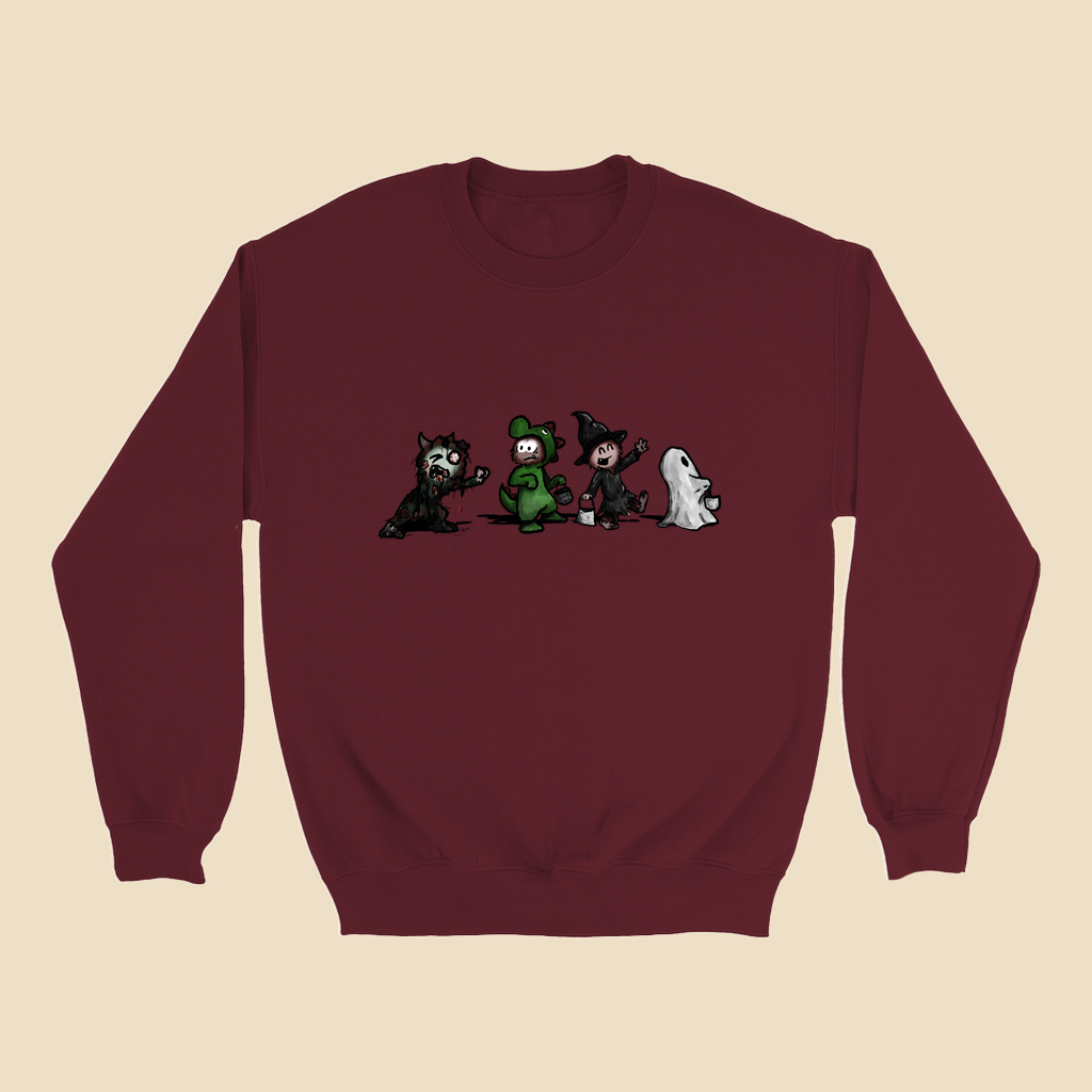 Sweatshirt featuring the Strange Company Halloween design with four hand-drawn costumed characters, including a monster, dinosaur, witch, and ghost.