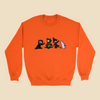 Sweatshirt featuring the Strange Company Halloween design with four hand-drawn costumed characters, including a monster, dinosaur, witch, and ghost.