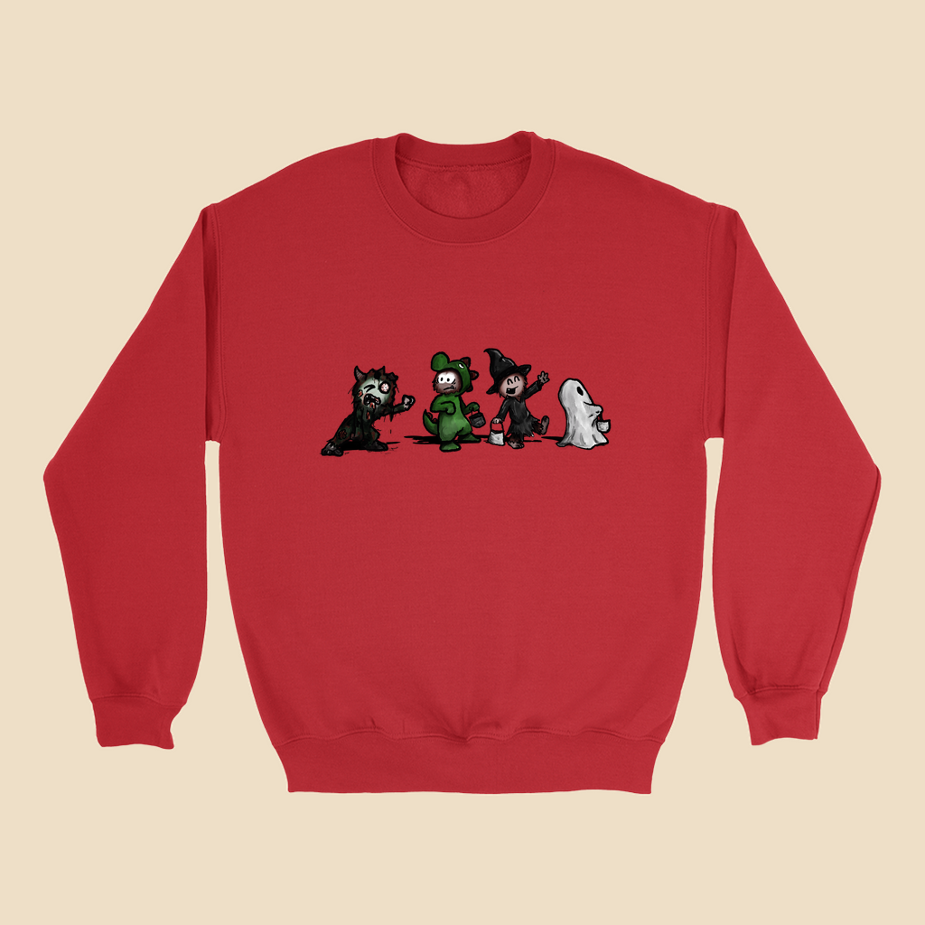 Sweatshirt featuring the Strange Company Halloween design with four hand-drawn costumed characters, including a monster, dinosaur, witch, and ghost.