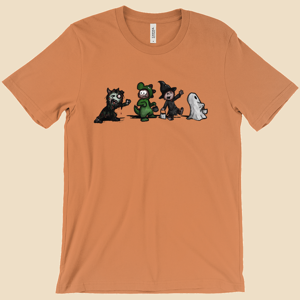 Strange Company Halloween T-shirt featuring a group of furry monsters dressed in Halloween costumes, including a witch, a monster, a dinosaur, and a ghost.