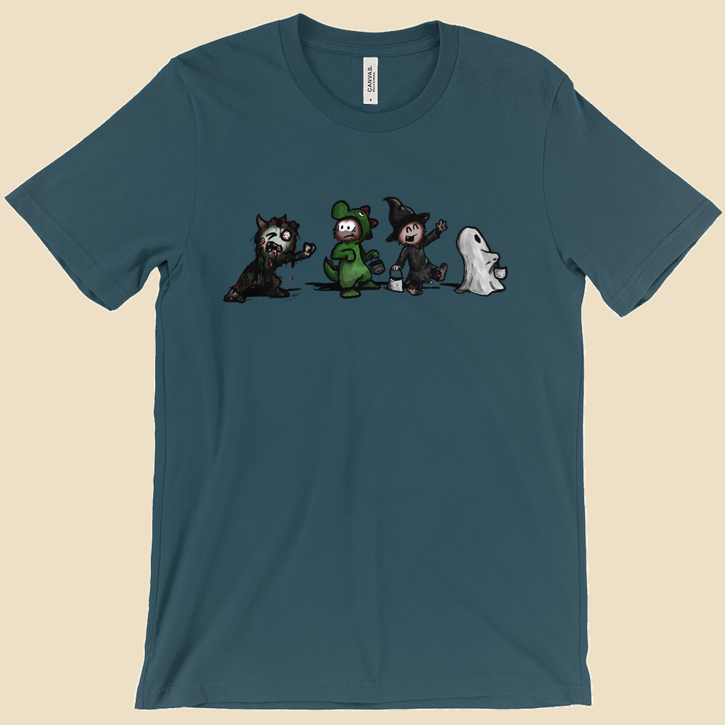 Strange Company Halloween T-shirt featuring a group of furry monsters dressed in Halloween costumes, including a witch, a monster, a dinosaur, and a ghost.