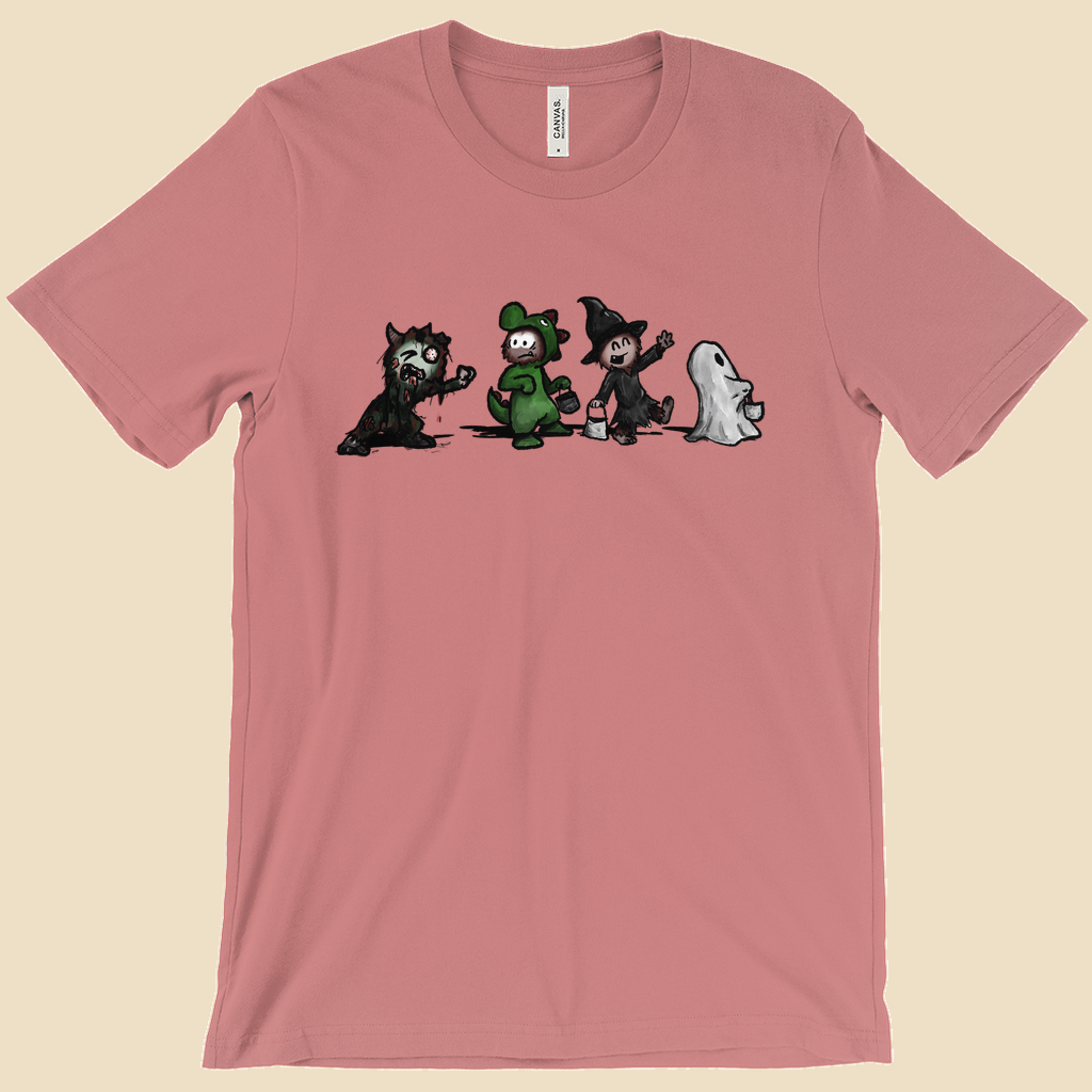 Strange Company Halloween T-shirt featuring a group of furry monsters dressed in Halloween costumes, including a witch, a monster, a dinosaur, and a ghost.