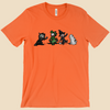 Strange Company Halloween T-shirt featuring a group of furry monsters dressed in Halloween costumes, including a witch, a monster, a dinosaur, and a ghost.