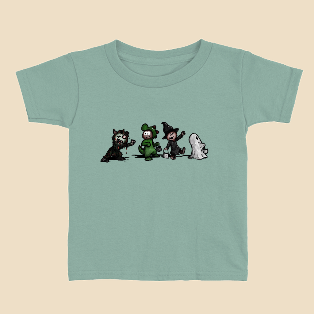 Toddler T-shirt featuring a group of furry monsters dressed in Halloween costumes, including a witch, Frankenstein’s monster, a devil, and a ghost.